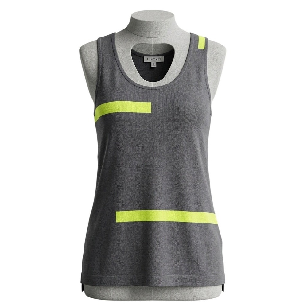 Lisa Todd Cotton Silk Knit Tank Top Womens L Gray Neon Geometric Color Block